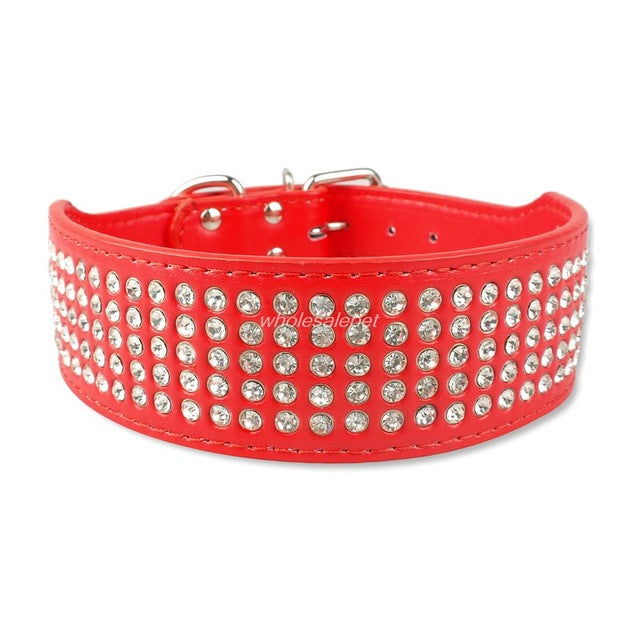 Rhinestone Leather Diamante Crystal Studded Dogs Pet Collars 2inch Wide