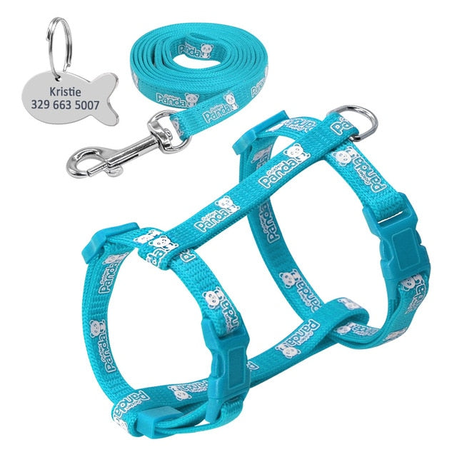Nylon Cat Harness and Leash Set With Customized Id Tag= Anti Lost Name Tag Free Engraving Blue Red