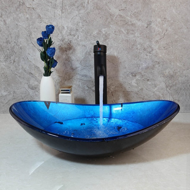 Tempered Blue Glass Oval Washbasin Combo Kit   With Pop-up Drain