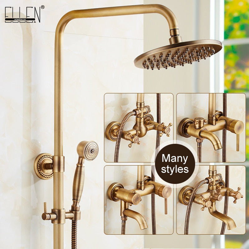 Antique Rain Shower Faucets Set with Hand Brass Wall Mounted Shower Mixer for Bathroom Bath Luxury Rainfall Shower Set EL4006T