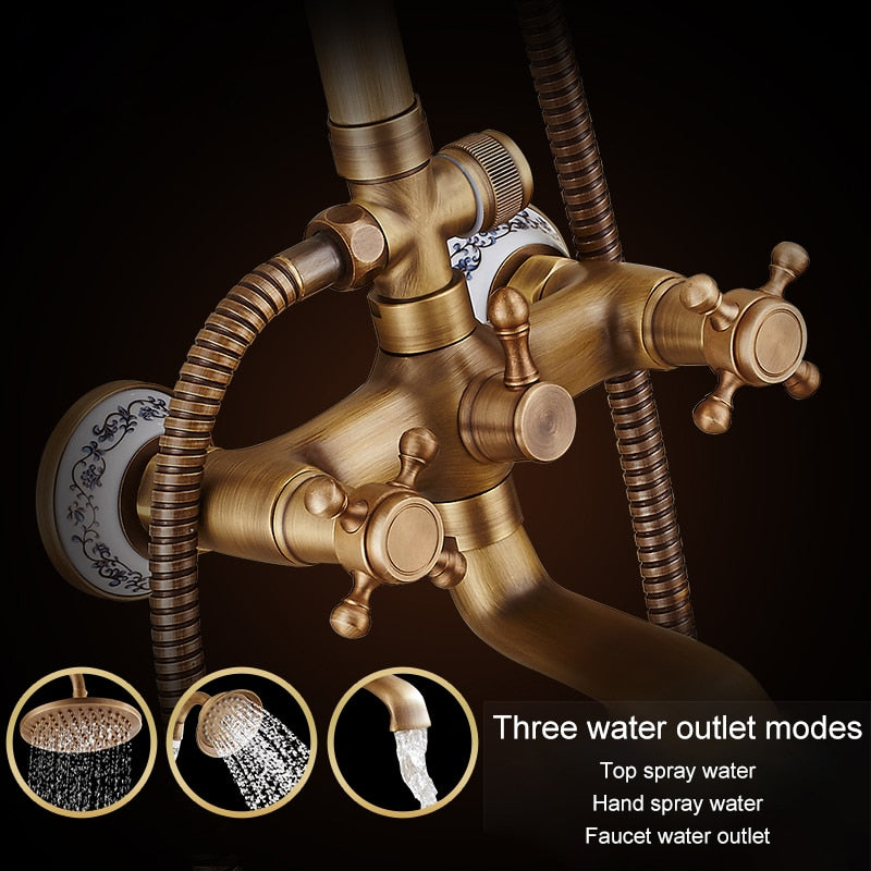 Antique Rain Shower Faucets Set with Hand Brass Wall Mounted Shower Mixer for Bathroom Bath Luxury Rainfall Shower Set EL4006T
