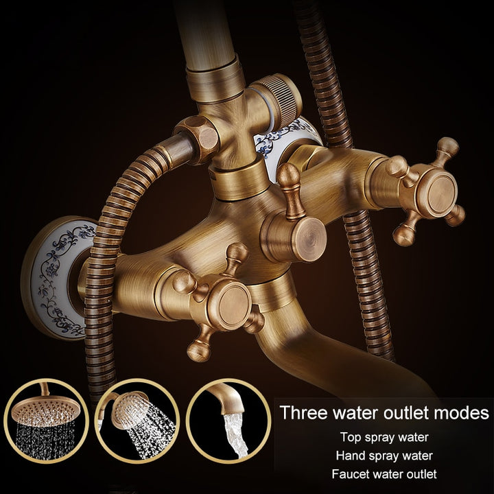 Antique Rain Shower Faucets Set with Hand Brass Wall Mounted Shower Mixer for Bathroom Bath Luxury Rainfall Shower Set EL4006T