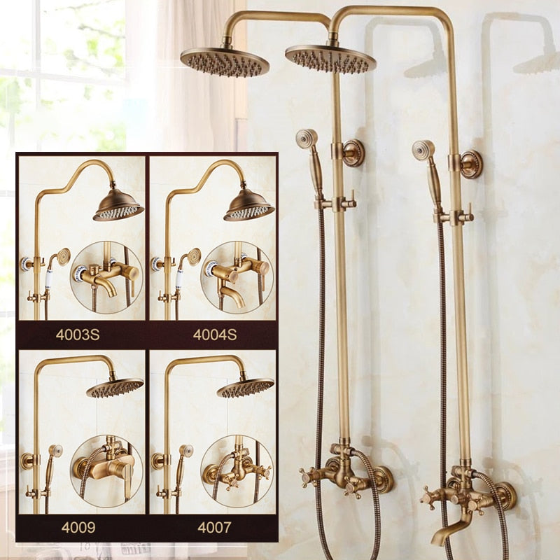 Antique Rain Shower Faucets Set with Hand Brass Wall Mounted Shower Mixer for Bathroom Bath Luxury Rainfall Shower Set EL4006T