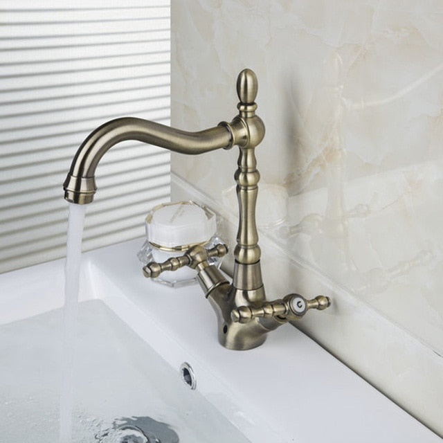 KEMAIDI Golden Swivel Antique Brass Stream Rotated Kitchen Bathroom Mixer Dual Handles Deck Mount Hot Cold Water Taps