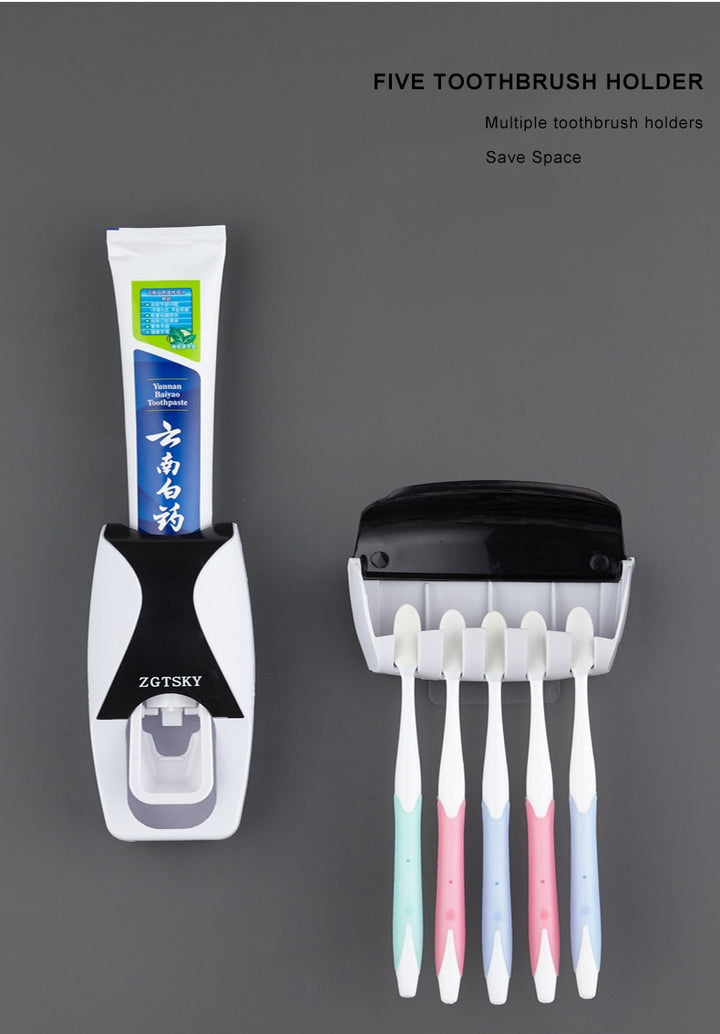 Automatic Toothpaste Dispenser Wall Mount Dust-proof Toothbrush Holder Storage Rack Set