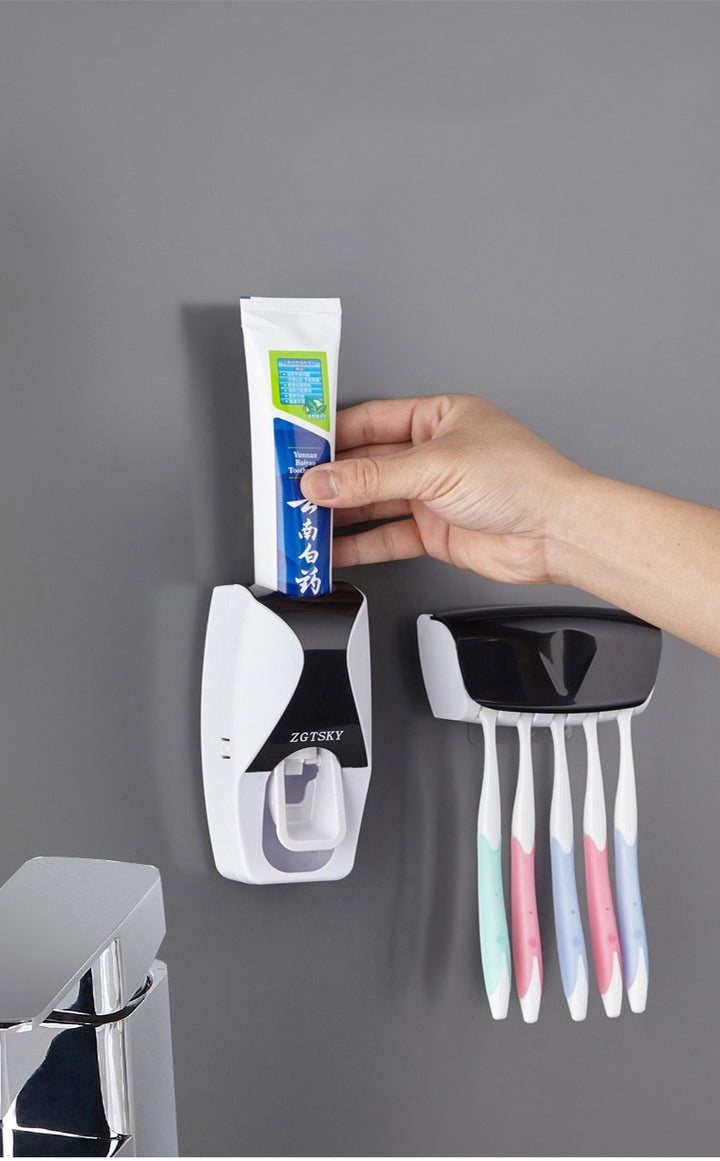 Automatic Toothpaste Dispenser Wall Mount Dust-proof Toothbrush Holder Storage Rack Set