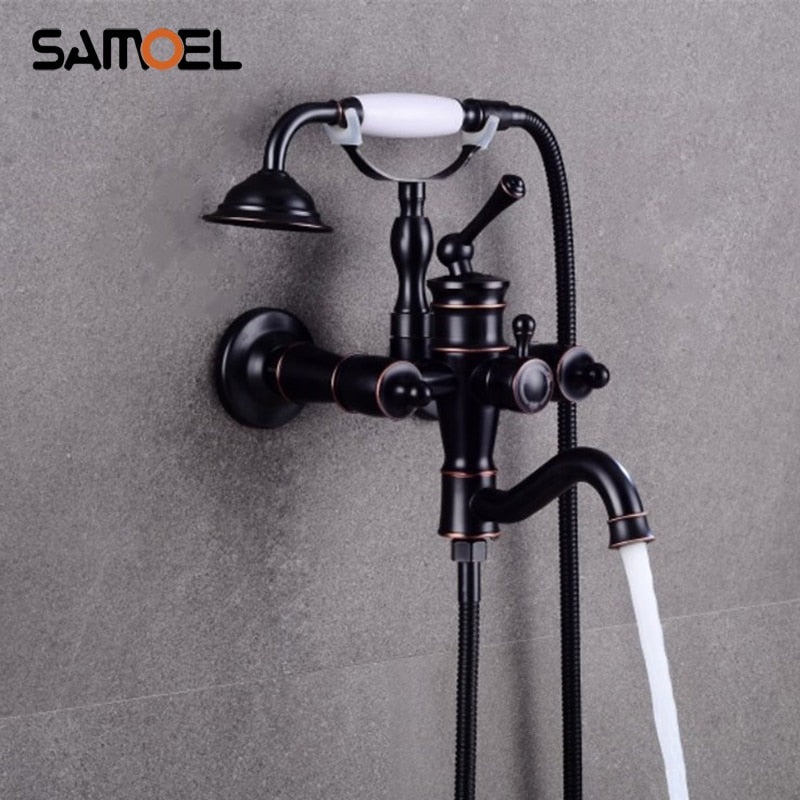 Luxury  Dual Handles Oil Rubbed Bronze  Black Shower Faucet Wall Mounted  Bathtub Set  SF1051