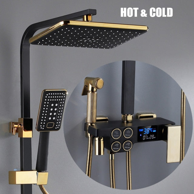 LED Digital Square Head SPA Rainfall Shower Set Wall Mount Smart Thermostatic Bath Faucet