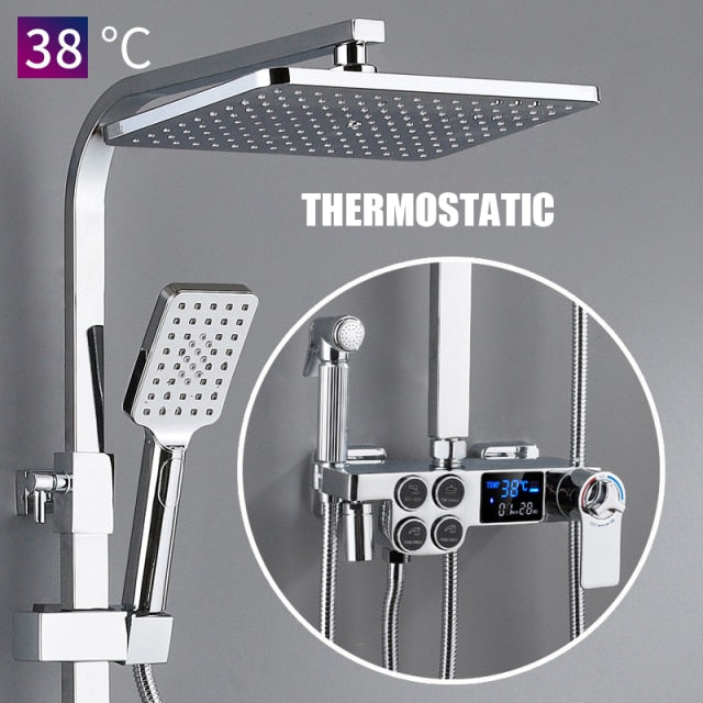 LED Digital Square Head SPA Rainfall Shower Set Wall Mount Smart Thermostatic Bath Faucet