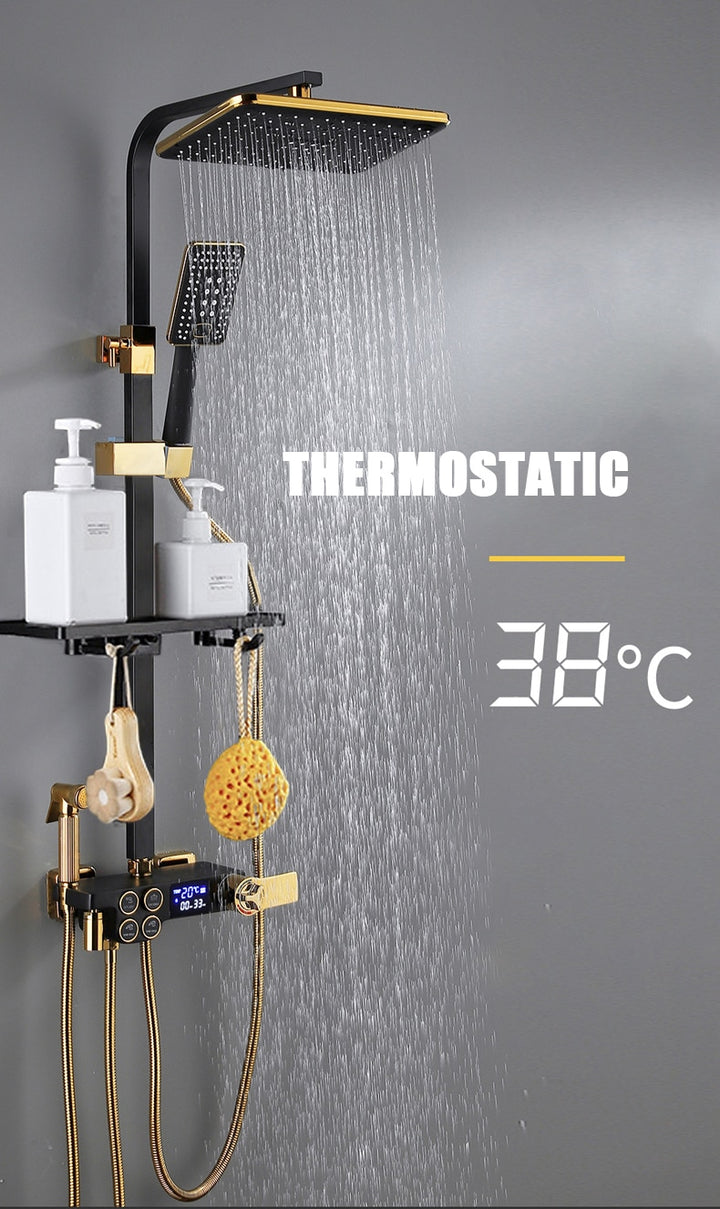 LED Digital Square Head SPA Rainfall Shower Set Wall Mount Smart Thermostatic Bath Faucet
