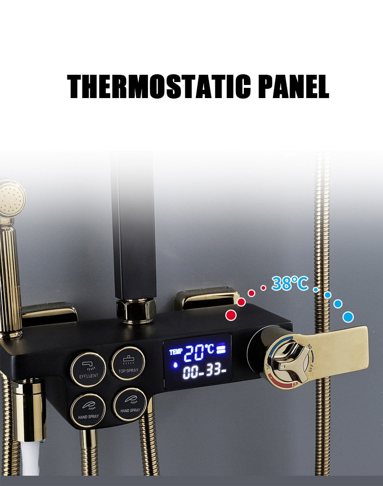 LED Digital Square Head SPA Rainfall Shower Set Wall Mount Smart Thermostatic Bath Faucet