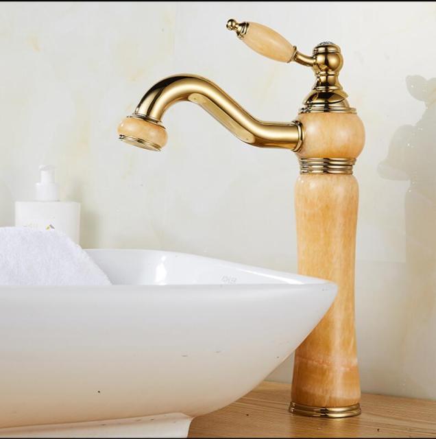 Gold Crane Brass Jade Body 360 Degree Swivel Bathroom Basin Faucet Deck Mount