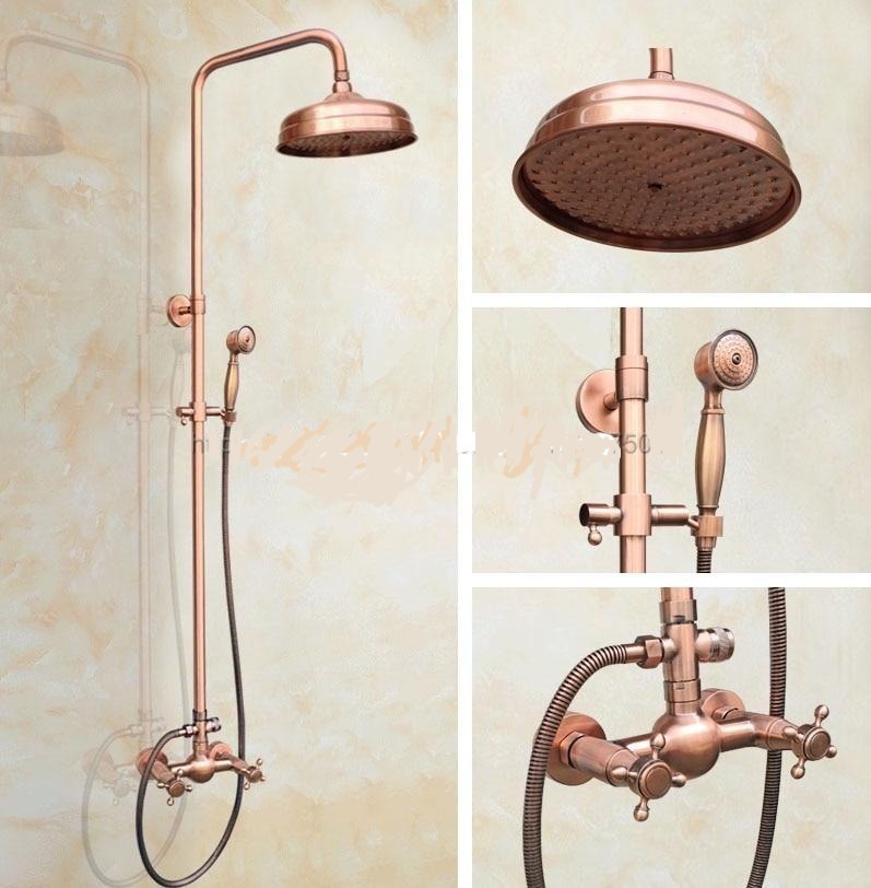 Bathroom Rainfall Shower Faucet Set Double Handle Mixer Tap With Hand Sprayer Wall Mounted Antique Red Copper Nrg521