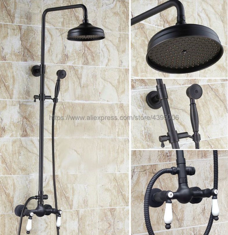 Oil Rubbed Bronze Bathroom 8" Rainfall Shower Faucet Set Double Handle Bath Shower Mixer Taps Wall Mounted Brs477