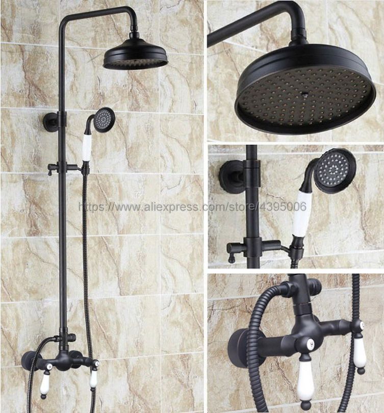 Oil Rubbed Bronze Bathroom Black Shower Set Wall Mounted 8" Rainfall Shower Mixer Tap Faucet Brs478