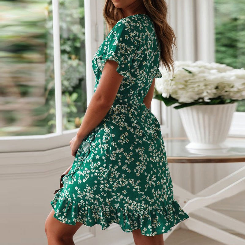 V Neck Floral Print Boho Beach Dress Ruffle Short Sleeve A Line Mini Dress Wrap Sundress Robe