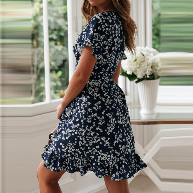V Neck Floral Print Boho Beach Dress Ruffle Short Sleeve A Line Mini Dress Wrap Sundress Robe