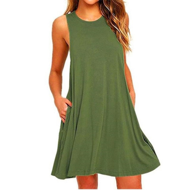Women's Summer Casual Swing T-Shirt Dresses Beach Cover Up With Pockets - Olive Green