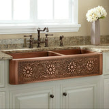 83*43*20cm Emgraved Regtangular Copper Apron Front Double Bowl Artistic Kitchen Sink