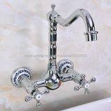Polished Chrome Wall Mounted Dual Cross Handles Swivel Spout Kitchen Sink Mixer Tap / Bathroom Basin Faucets Kna965