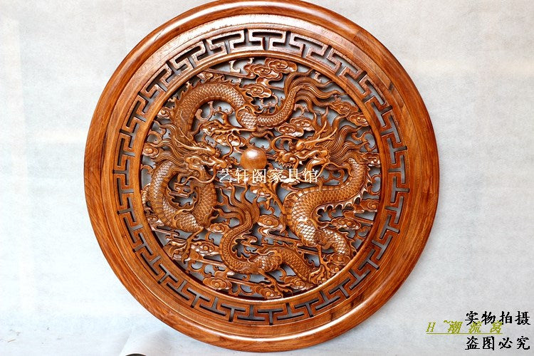 Dongyang woodcarving  partition wall hanging screen Chinese antique wood circular pendant 80cm
