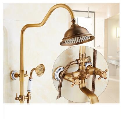 Antique Rain Shower Faucets Set with Hand Brass Wall Mounted Shower Mixer for Bathroom Bath Luxury Rainfall Shower Set EL4006T