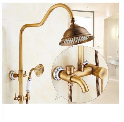 Antique Rain Shower Faucets Set with Hand Brass Wall Mounted Shower Mixer for Bathroom Bath Luxury Rainfall Shower Set EL4006T