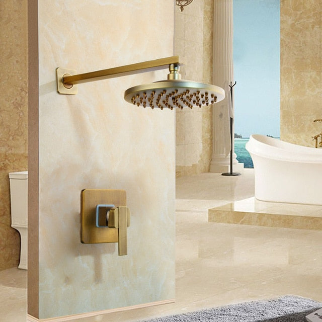 KEMAIDI Antique Brass Wall Mounted Shower Faucet Sets 8" Brass Rain Shower Head Single Lever
