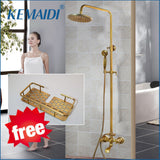 KEMAIDI Antique Brass Shower Faucets Set Rainfall Shower Head with Shelf Mixer  Swivel Spout