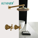 KEMAIDI 8 inch Antique Brass Round Wall Mounted Rainfall Shower Faucet Sets 2 Handles